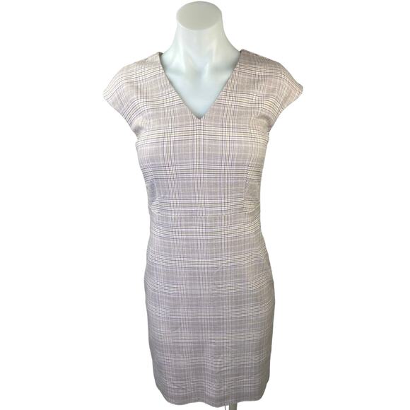 NEW Ann Taylor Pink Plaid V-Neck Cap Sleeve Career Sheath Mini Pencil Dress Sz 0 - Picture 1 of 5